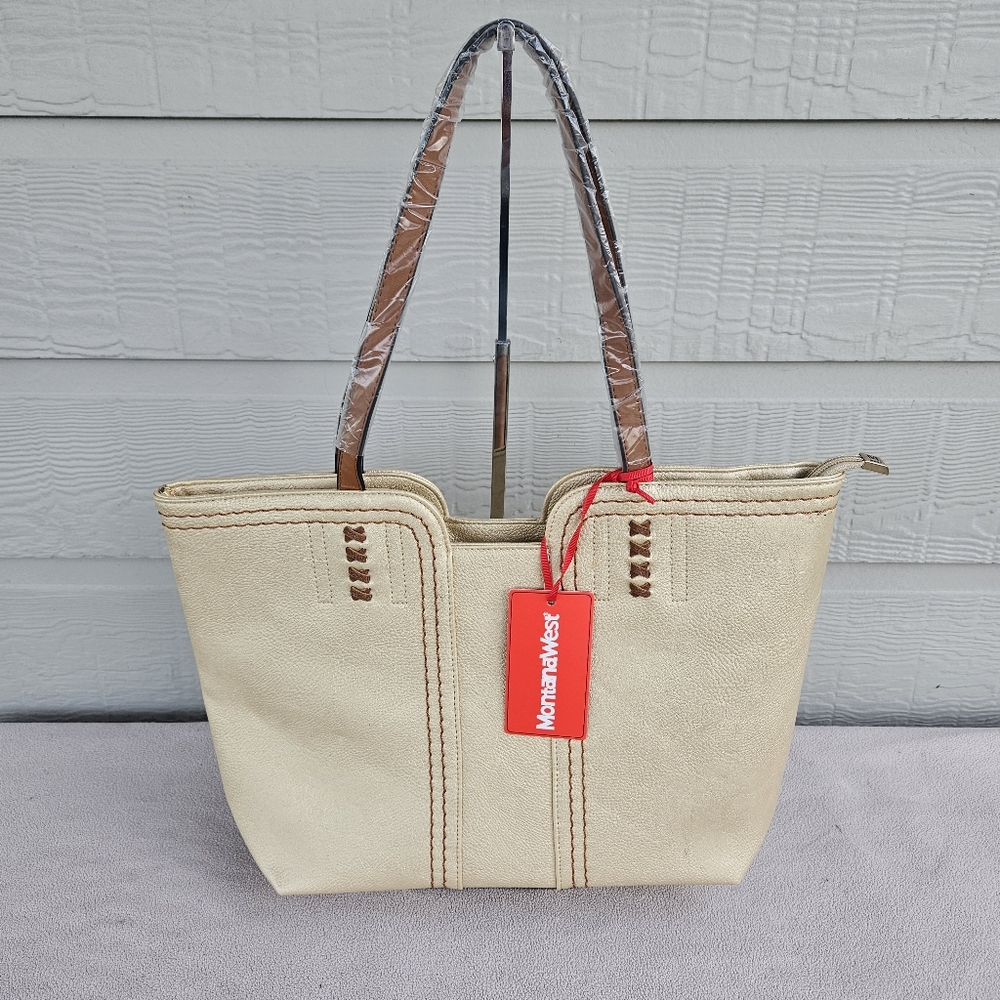 Montana West PU Leather Tote Bag Purse Gold Beige Shimmer Shoulder Zipper